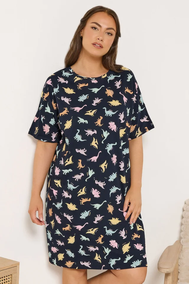 Yours Curve Navy Blue 'Dinosnore' Print Sleep Tee Nightdress