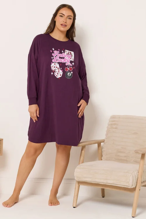 Yours Curve Burgundy Red 'Feeling Lucky' Long Sleeve Nightdress - Size 22-24 Image 3