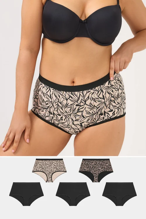 Yours 5 Pack Curve Black Leaf Print Full Briefs - 22-24 Image 1