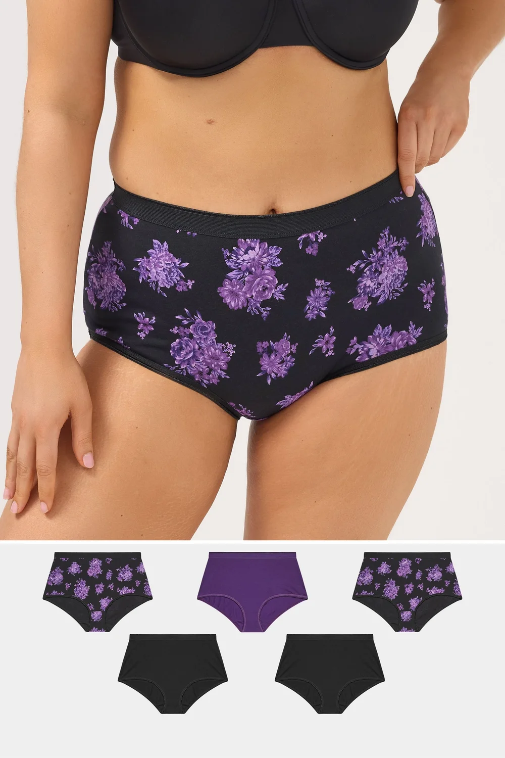 Yours 5 Pack Curve Purple Floral Full Briefs - 22-24 Image 1