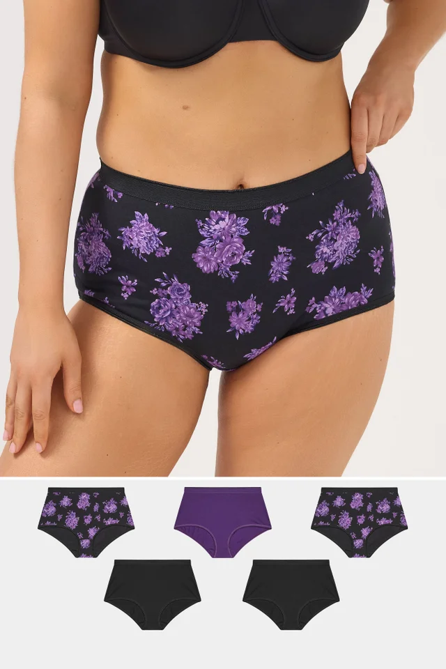 Yours 5 Pack Curve Purple Floral Full Briefs