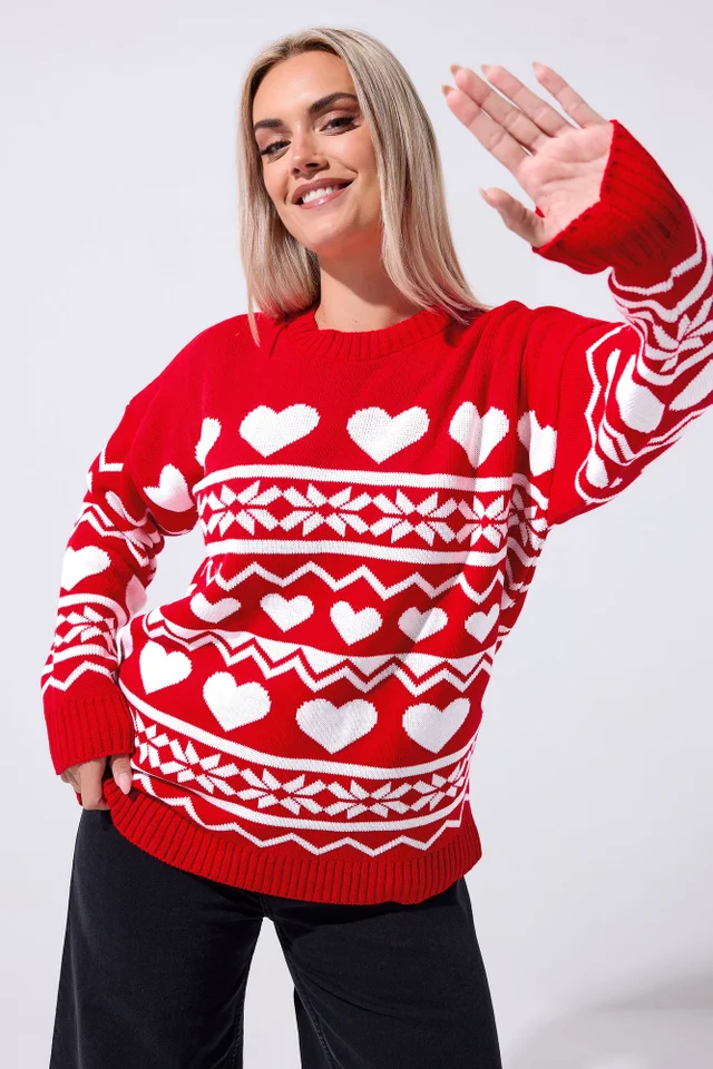 Yours Limited Curve Red Fairisle Heart Knitted Jumper