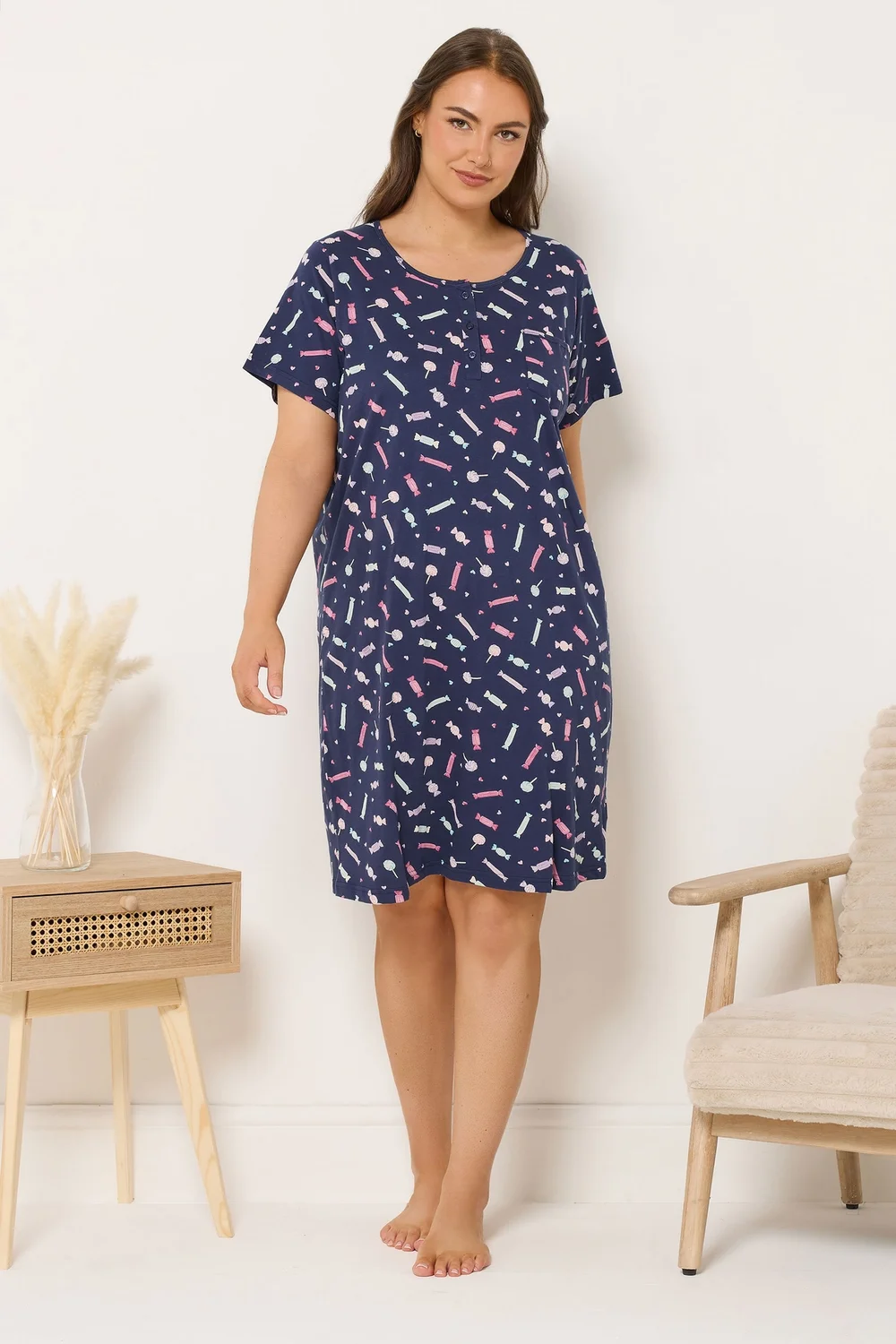 Yours Curve Navy Blue Sweet Print Placket Nightdress - Size 34-36 Image 2