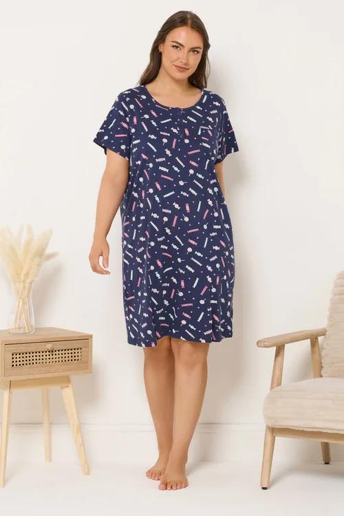 Yours Curve Navy Blue Sweet Print Placket Nightdress - Size 34-36 Image 2