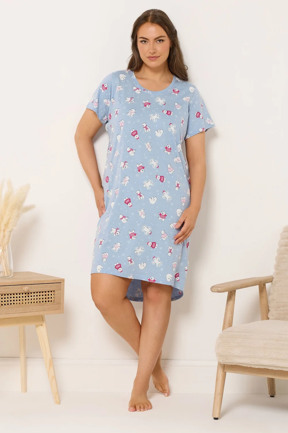 Yours Curve Blue Polar Bear Print Dipped Back Nightdress - Size 18-20 Image 1