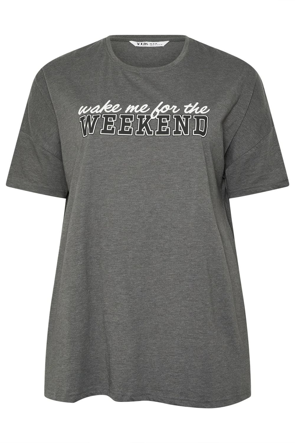 Yours Curve Grey 'Wake Me For The Weekend' Slogan Pyjama Top - Size 30-32 Image 2