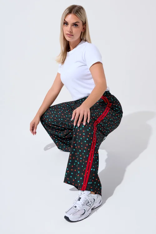 Yours Limited Curve Black Ditsy Side Stripe Wide Leg Trousers - 26-28 Image 1