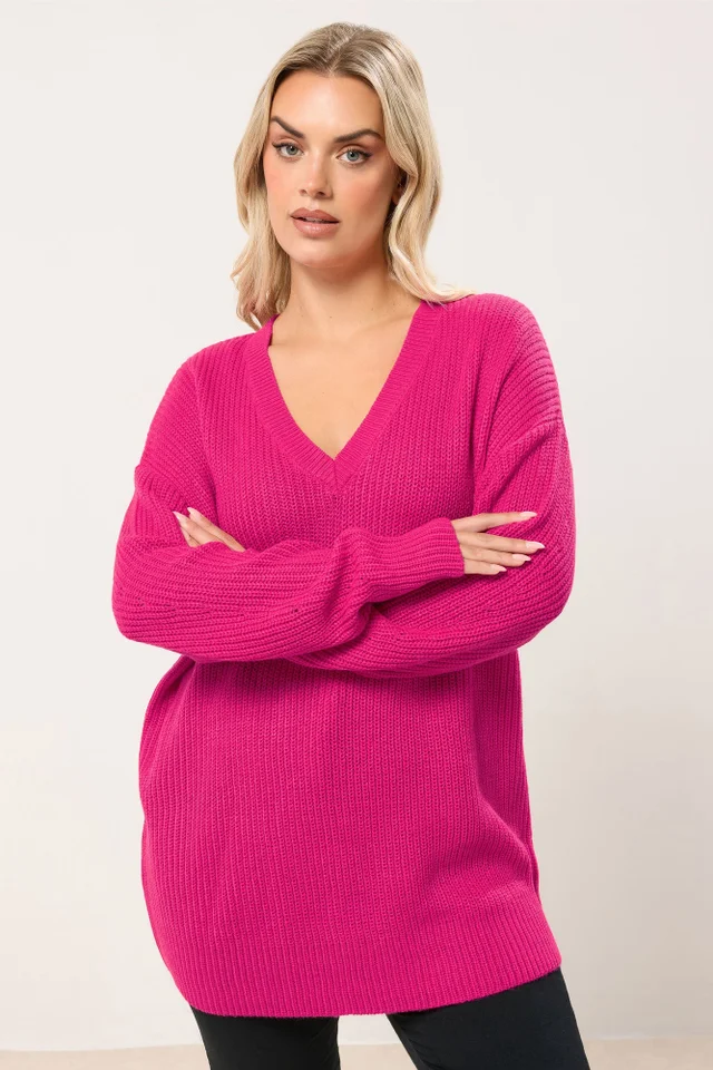 Yours Curve Hot Pink V-Neck Drop Shoulder Jumper