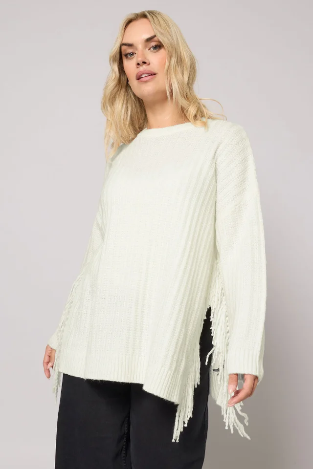 Yours Curve Ivory White Fringe Knitted Jumper