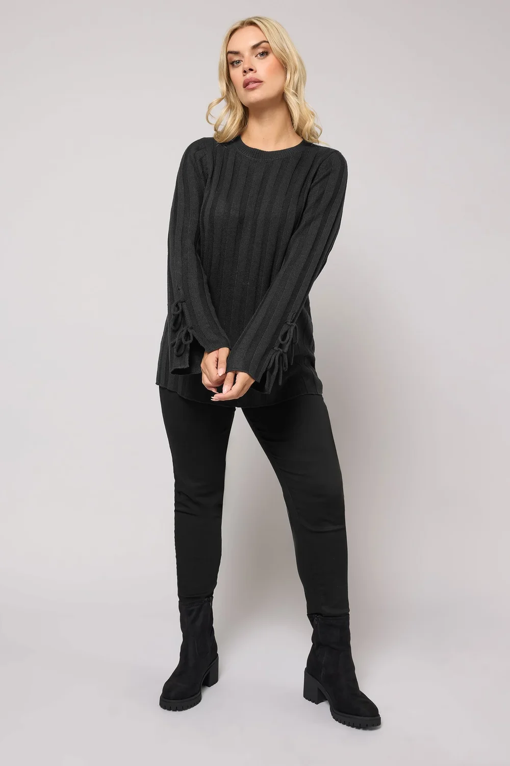 Yours Curve Black Ribbed Tie Up Sleeve Jumper - 22-24 Image 2