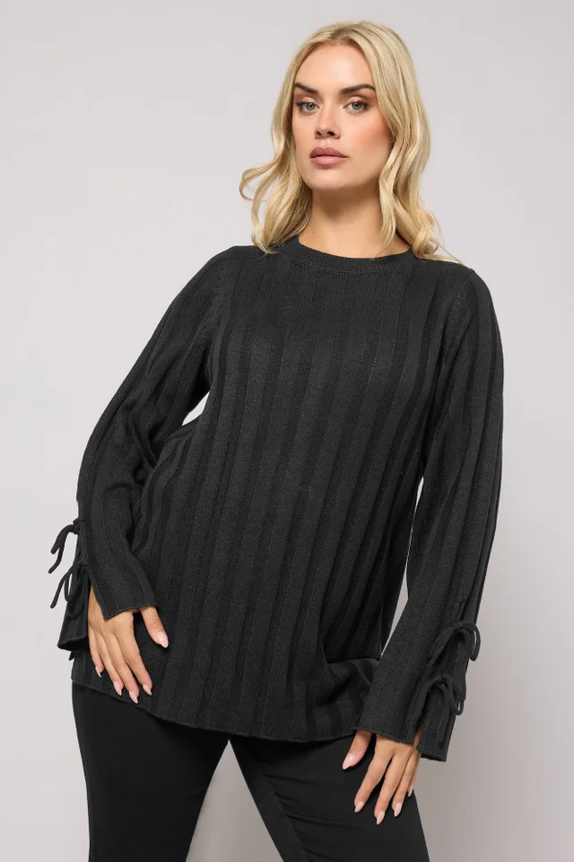 Yours Curve Black Ribbed Tie Up Sleeve Jumper