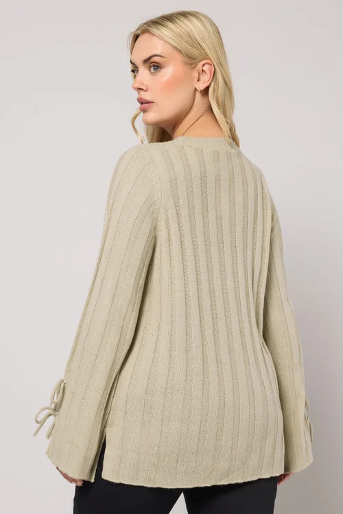 Yours Curve Natural Brown Ribbed Tie Up Sleeve Jumper - Size 30-32 Image 3