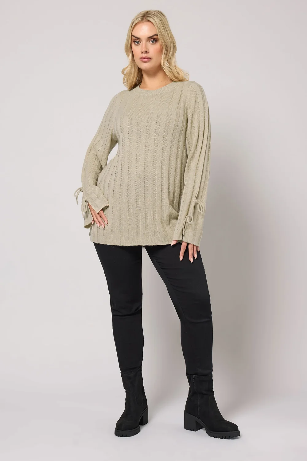 Yours Curve Natural Brown Ribbed Tie Up Sleeve Jumper - Size 30-32 Image 2