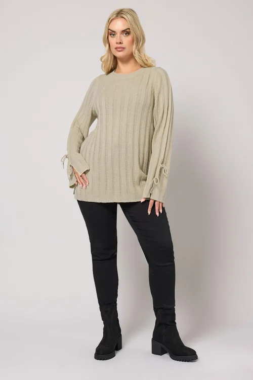 Yours Curve Natural Brown Ribbed Tie Up Sleeve Jumper - Size 30-32 Image 2