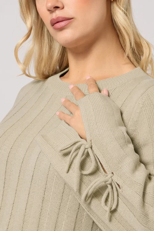 Yours Curve Natural Brown Ribbed Tie Up Sleeve Jumper - Size 30-32 Image 4