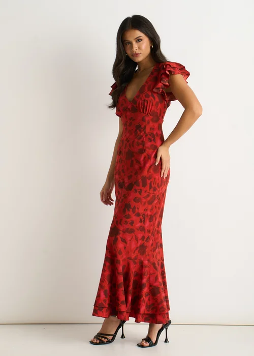 Gini London Red V Neck Floral Print Ruffle Maxi Dress - 10 Image 4