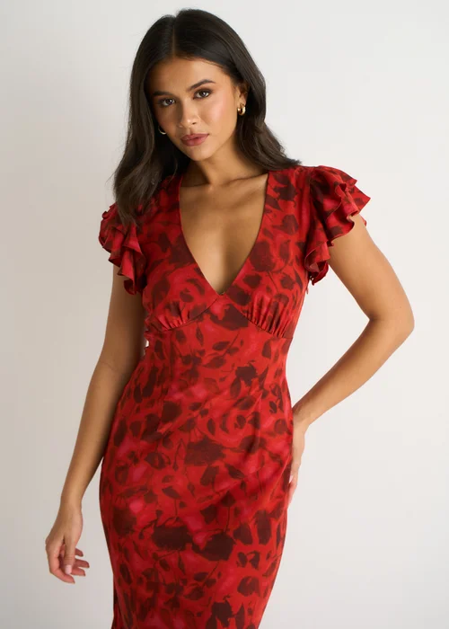 Gini London Red V Neck Floral Print Ruffle Maxi Dress - 10 Image 3
