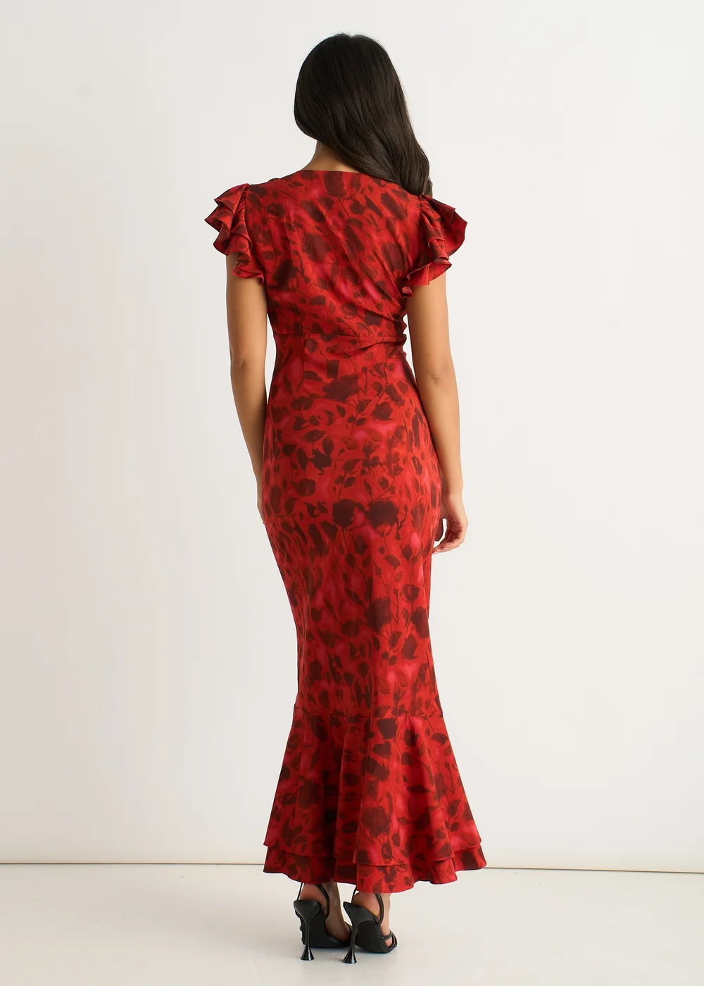 Gini London Red V Neck Floral Print Ruffle Maxi Dress - 10 Image 2