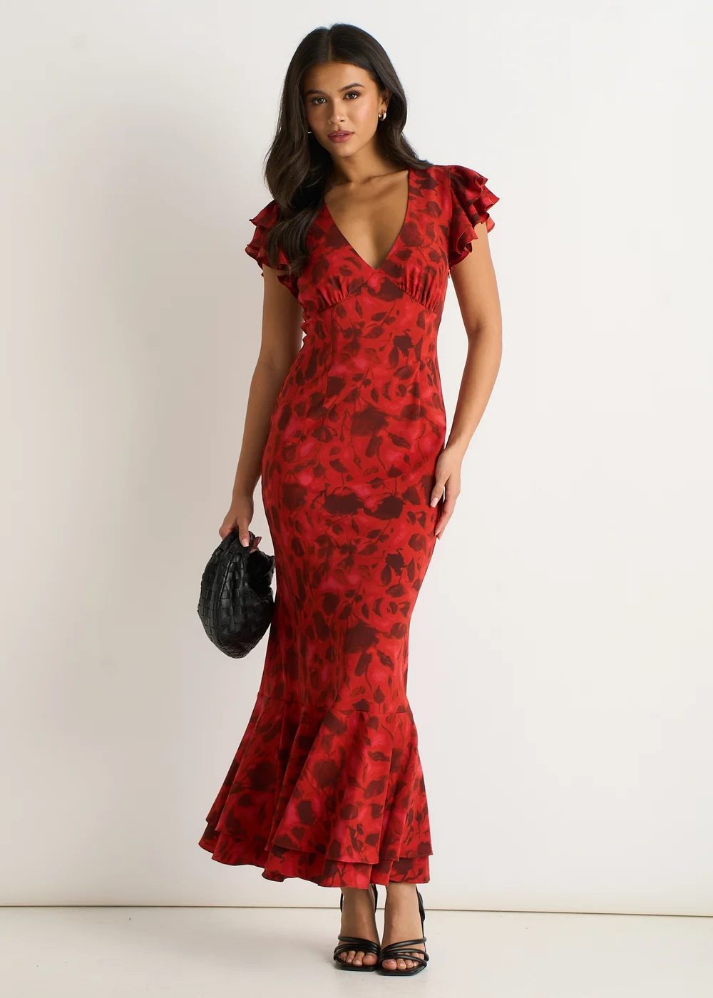 Gini London Red V Neck Floral Print Ruffle Maxi Dress - 10 Image 1