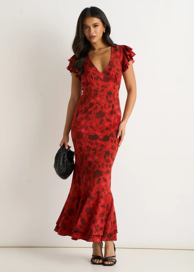 Gini London Red V Neck Floral Print Ruffle Maxi Dress
