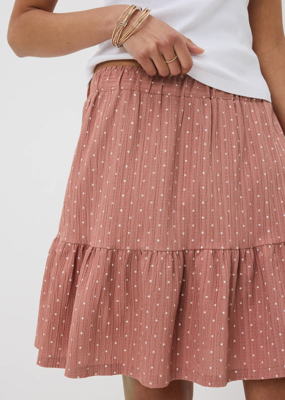 Pink Polka Dot Woven Textured Mini Skirt - 22 Image 3
