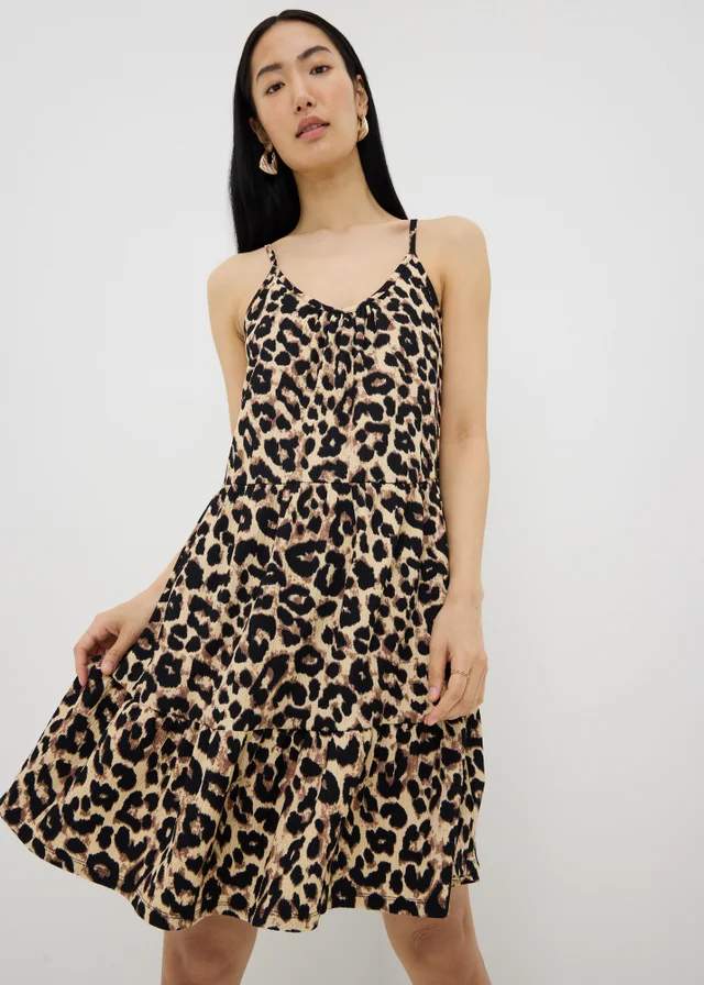 Brown Leopard Crinkle Cami Tiered Mini Dress