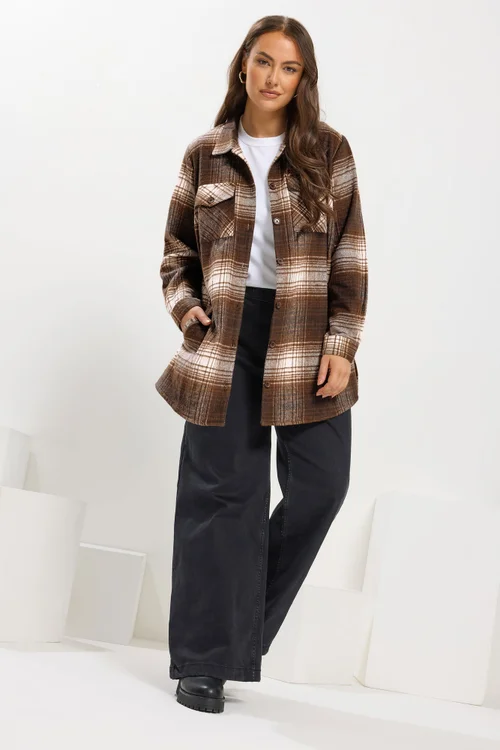 Yours Curve Chocolate Brown Check Shacket - 20 Image 3