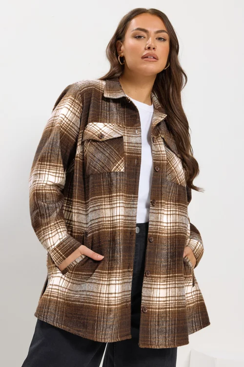 Yours Curve Chocolate Brown Check Shacket - 20 Image 2