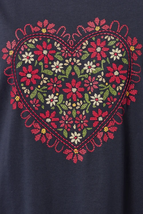 Yours Curve Navy Blue Floral Heart Embroidered T-Shirt - Size 16 Image 4
