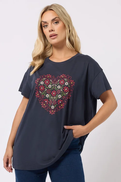 Yours Curve Navy Blue Floral Heart Embroidered T-Shirt - Size 16 Image 1