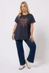 Yours Curve Navy Blue Floral Heart Embroidered T-Shirt - Size 16 Image 2