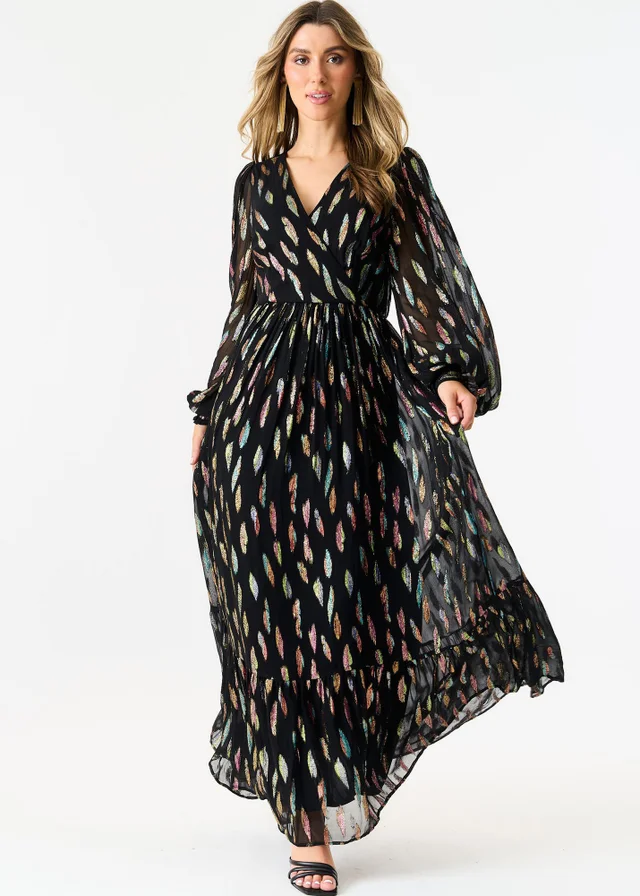 Gini London Black Metallic Print Full Sleeve Maxi Dress