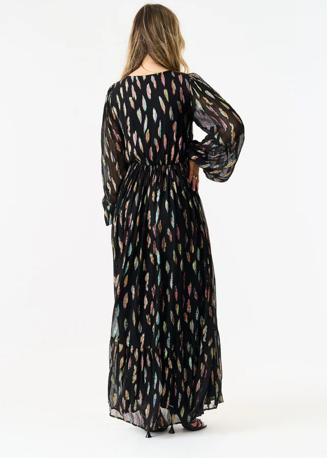 Gini London Black Metallic Print Full Sleeve Maxi Dress