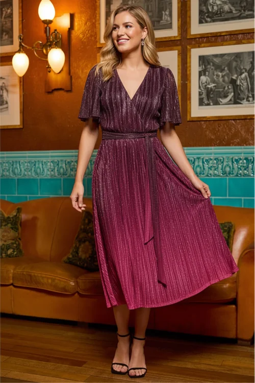 Roman Wine Ombre Shimmer Plisse Midi Dress - 14 Image 3