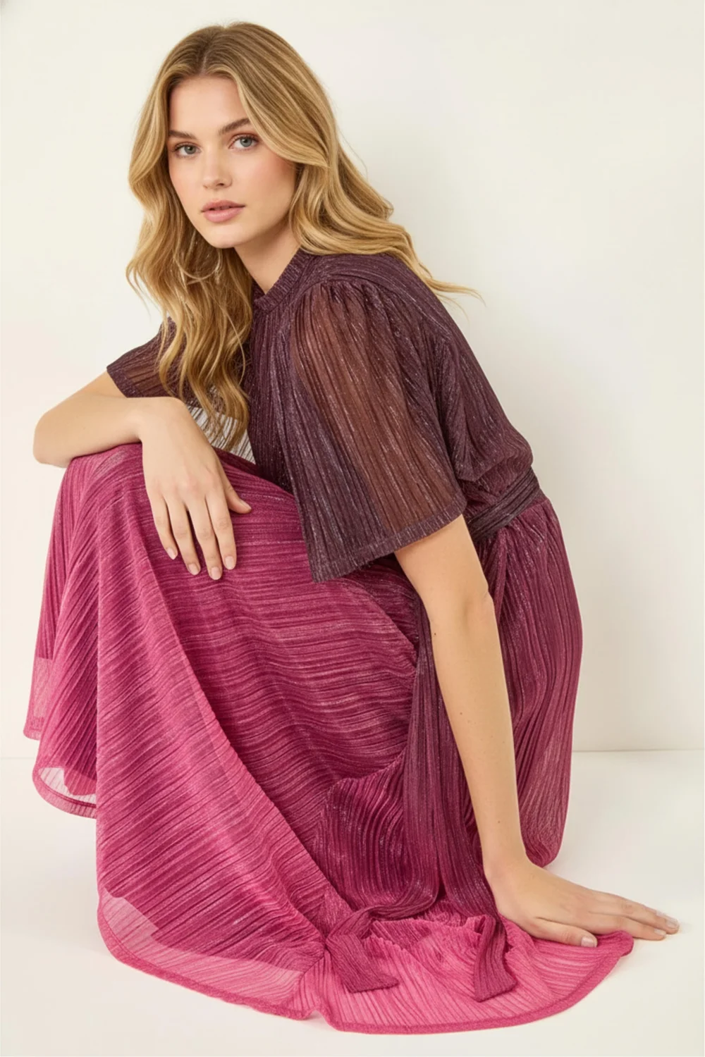 Roman Wine Ombre Shimmer Plisse Midi Dress - 14 Image 2