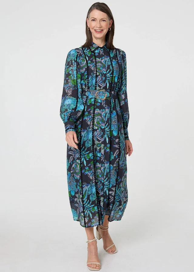 Izabel London Blue Printed Embellished Belted Maxi Dress