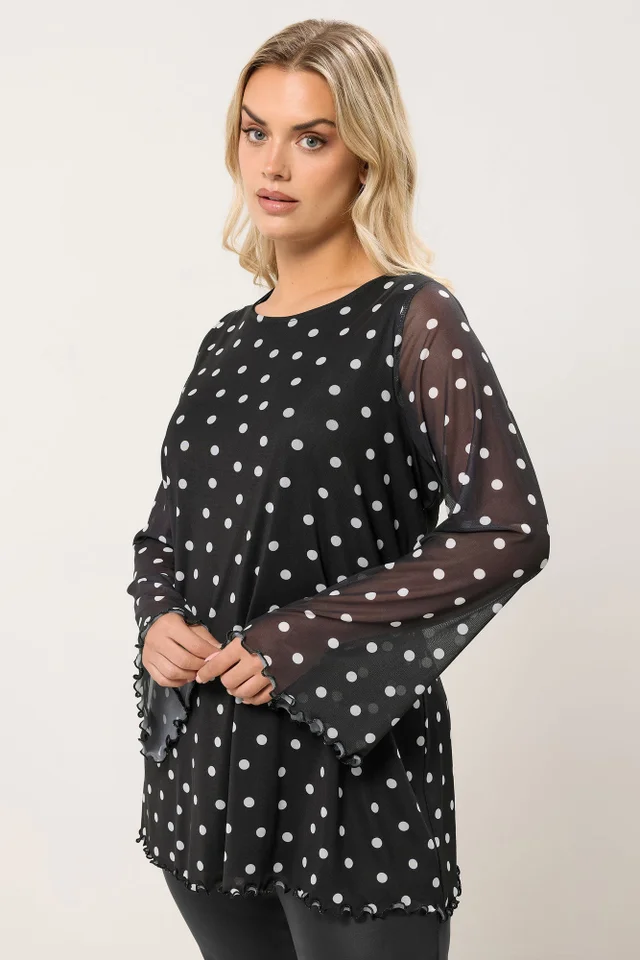 Yours Curve Black Polka Dot Mesh Swing Top