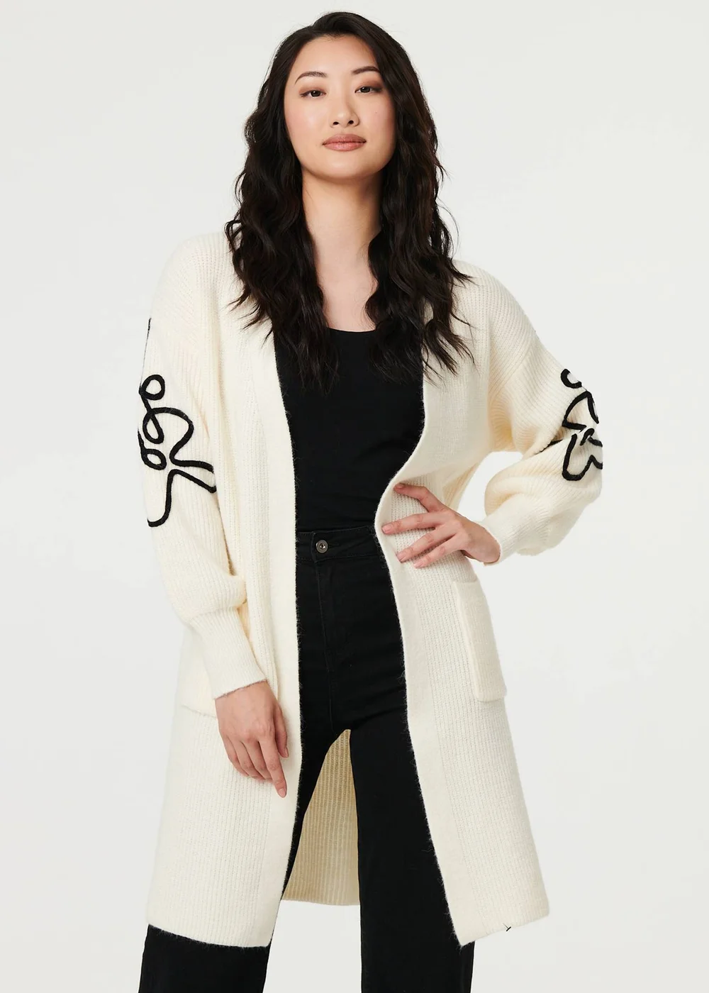 Izabel London Cream Floral Trim Detail Longline Cardigan - 10 Image 1