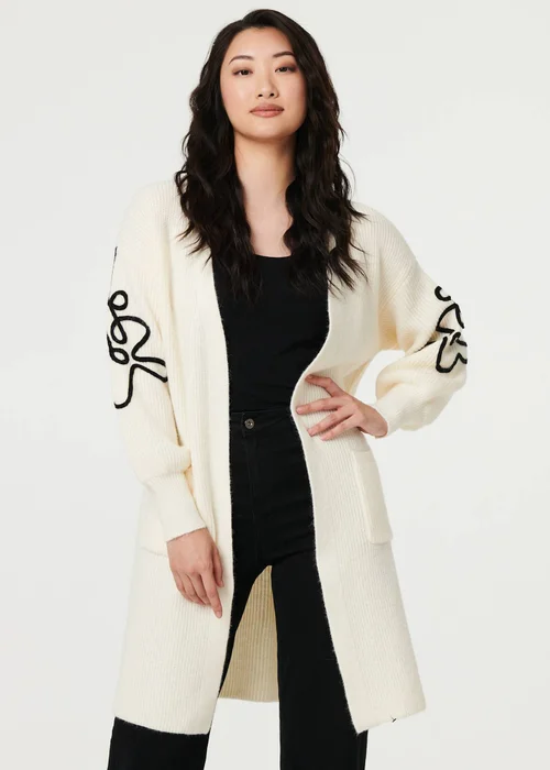 Izabel London Cream Floral Trim Detail Longline Cardigan - 10 Image 1