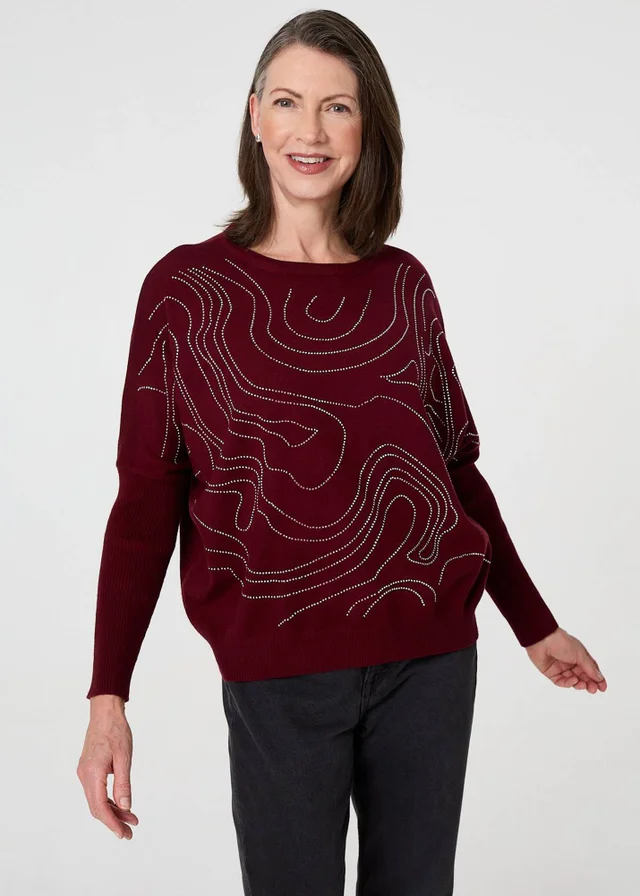 Izabel London Red Diamante Detail Batwing Sleeve Jumper