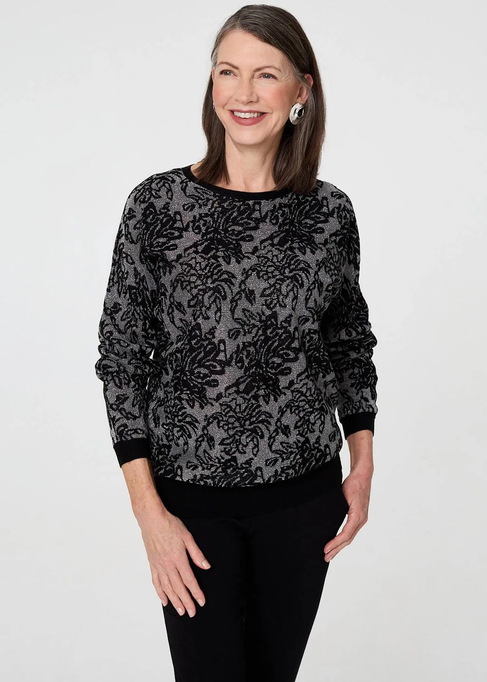 Izabel London Black Sparkly Floral Contrast Trim Jumper - 18 Image 1