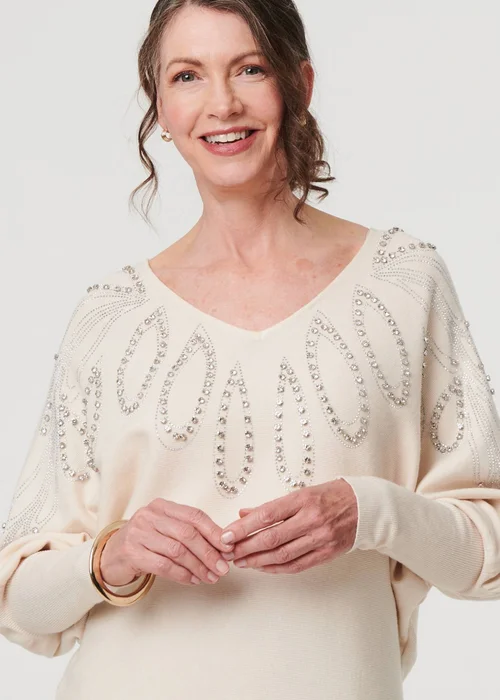 Izabel London Cream Embellished Batwing Sleeve Jumper - 16 Image 3
