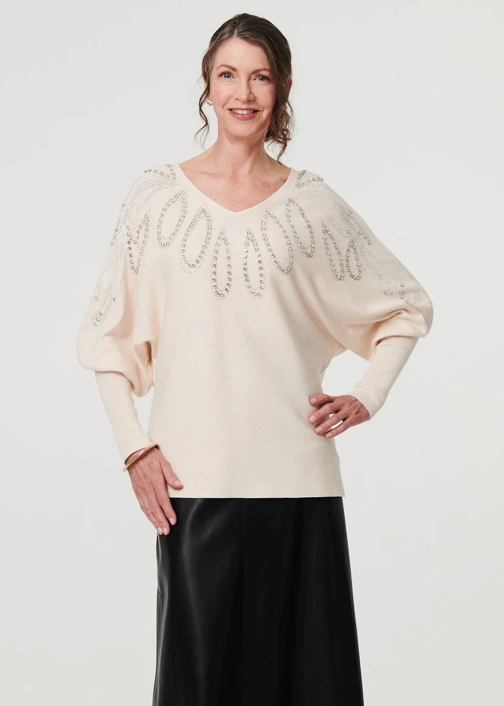 Izabel London Cream Embellished Batwing Sleeve Jumper - 16 Image 1