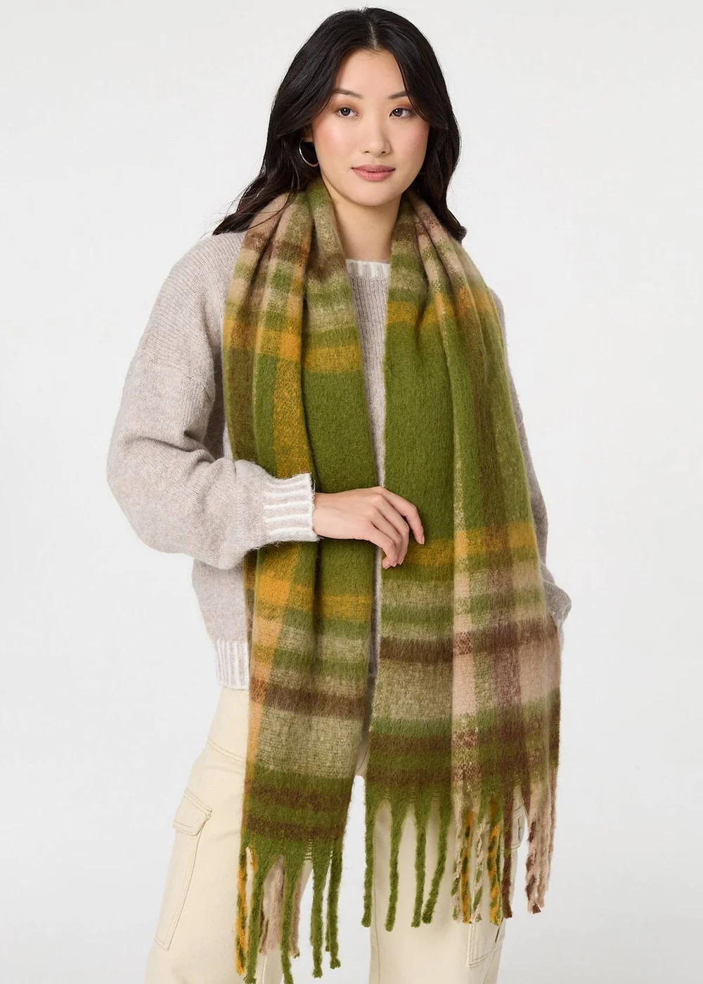 Izabel London Green Checked Print Fringed Oversized Scarf - One Size Image 1