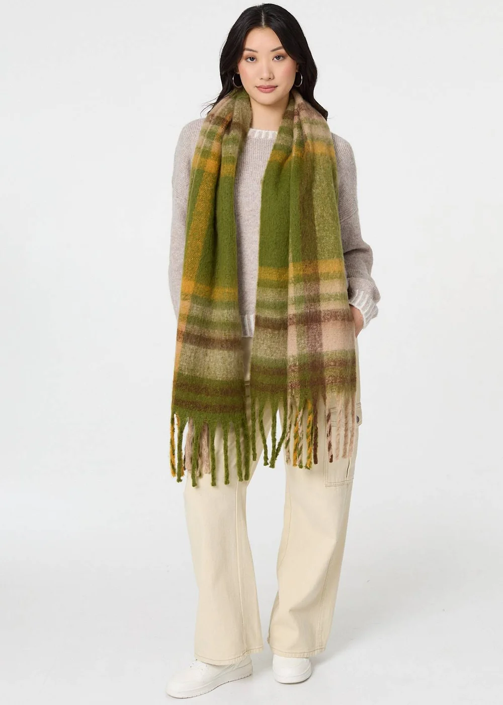 Izabel London Green Checked Print Fringed Oversized Scarf - One Size Image 3