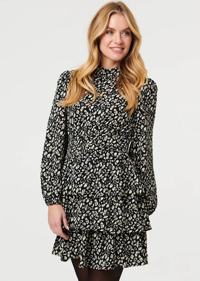 Izabel London Black Animal Print High Neck Short Dress