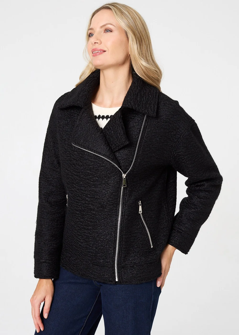 Izabel London Black Textured Asymmetric Biker Jacket - 12 Image 1