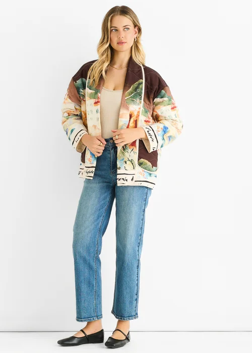 Gini London Chocolate Water Print Lightweight Quilted Jacket - M/L Image 1