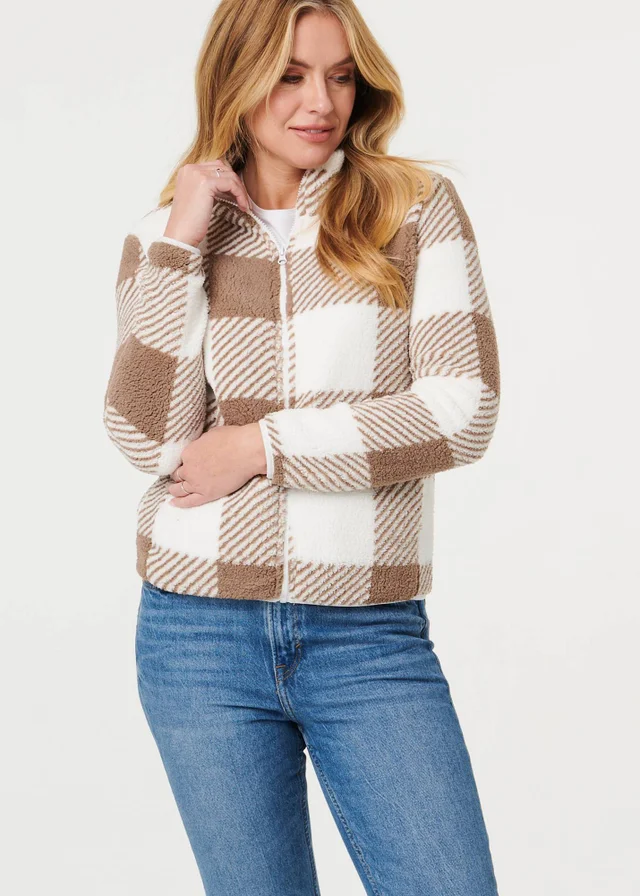 Izabel London Brown Checked High Neck Boxy Jacket