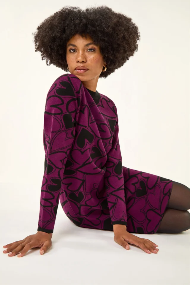 Roman Purple Jacquard Heart Knit Dress